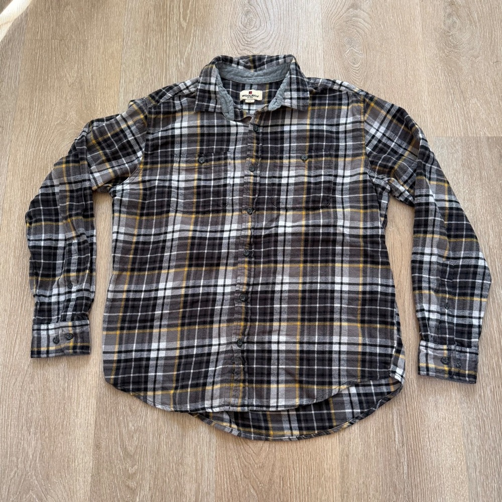 Woolrich Button Up Flannel Shirt Men's Large Plaid Cotton Black Brown‎ White